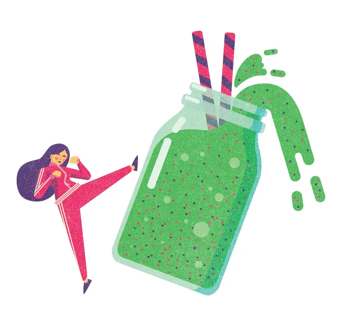 Illustration of a woman kicking a large green smoothie bottle by Donough O'Malley
