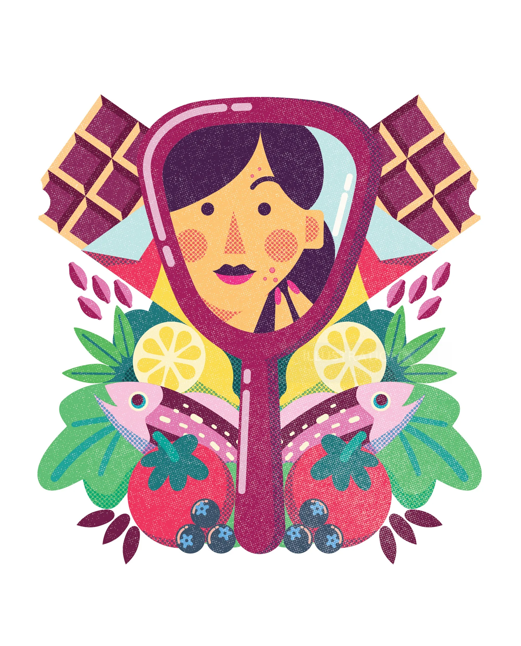 Editorial illustration of a woman reflected in a hand mirror with fruits by Donough O'Malley