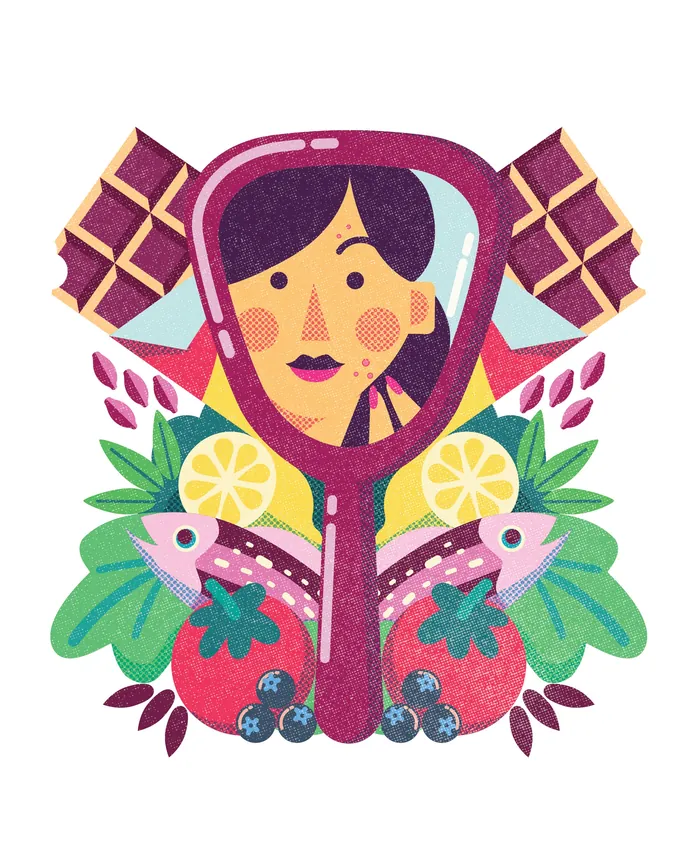 Editorial illustration of a woman reflected in a hand mirror with fruits by Donough O'Malley