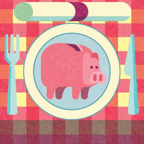 Editorial illustration of pig on plate with cutlery by Donough O'Malley
