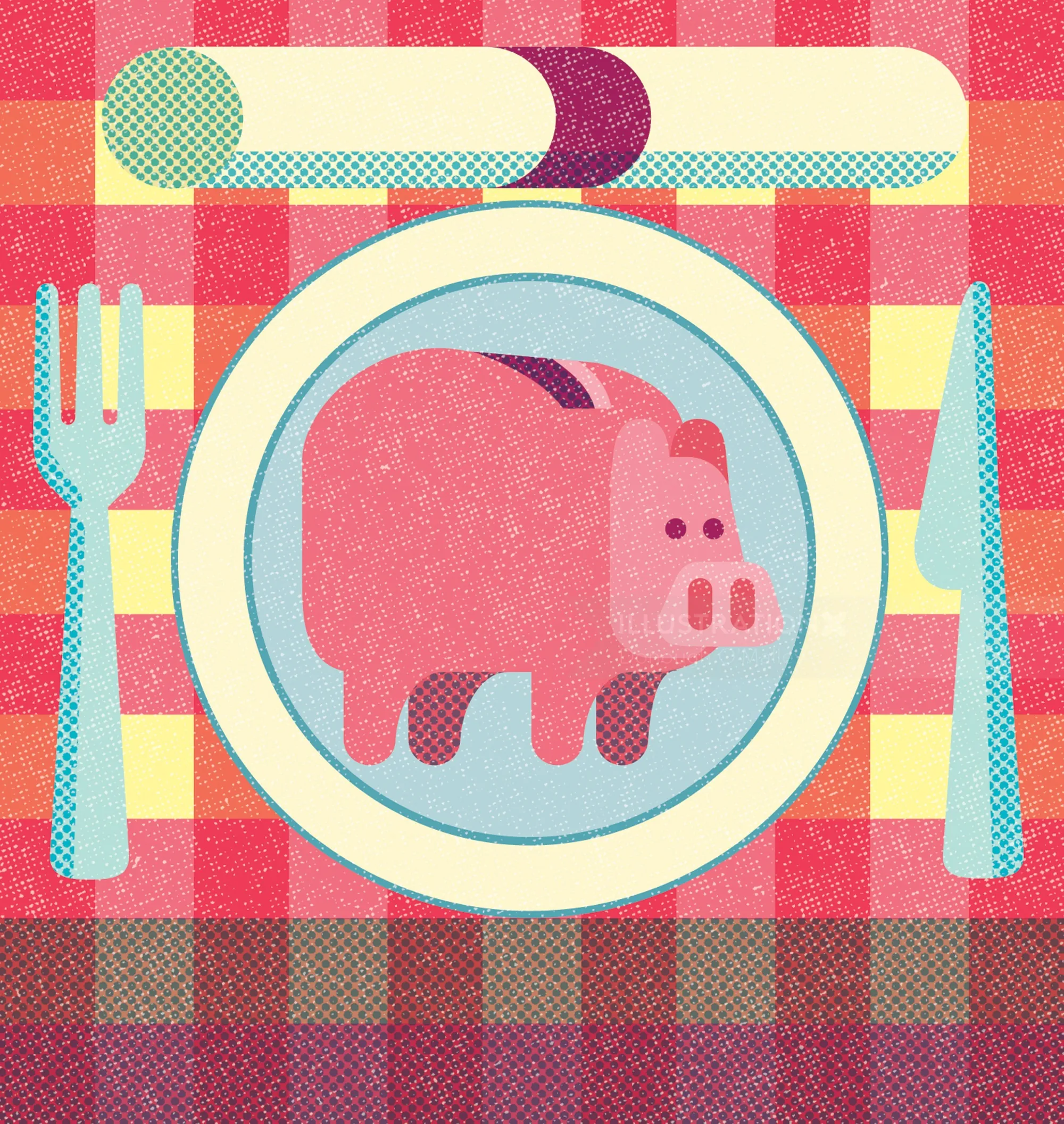 Editorial illustration of pig on plate with cutlery by Donough O'Malley