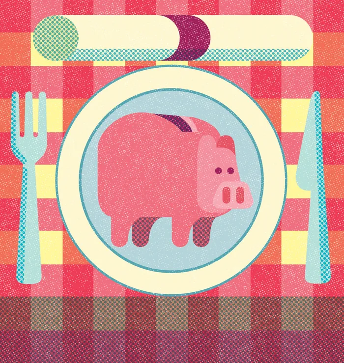 Editorial illustration of pig on plate with cutlery by Donough O'Malley
