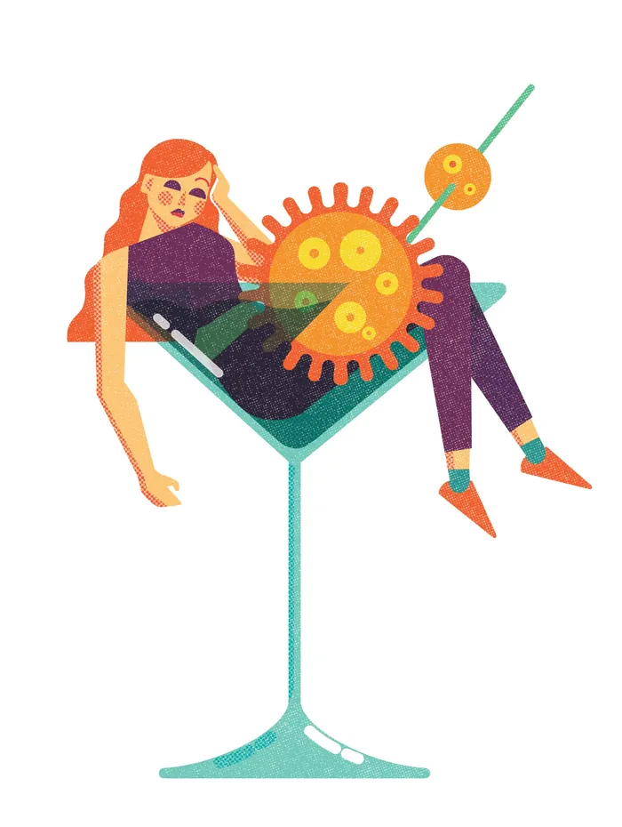 Editorial illustration of woman in cocktail glass with virus, by Donough O'Malley