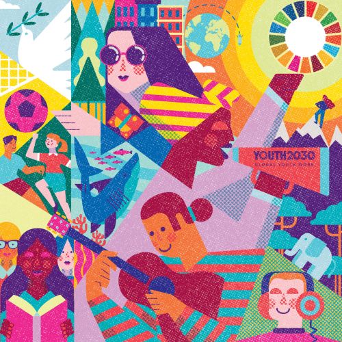 Colorful artwork depicting youth involvement and sustainable development by Donough O'Malley