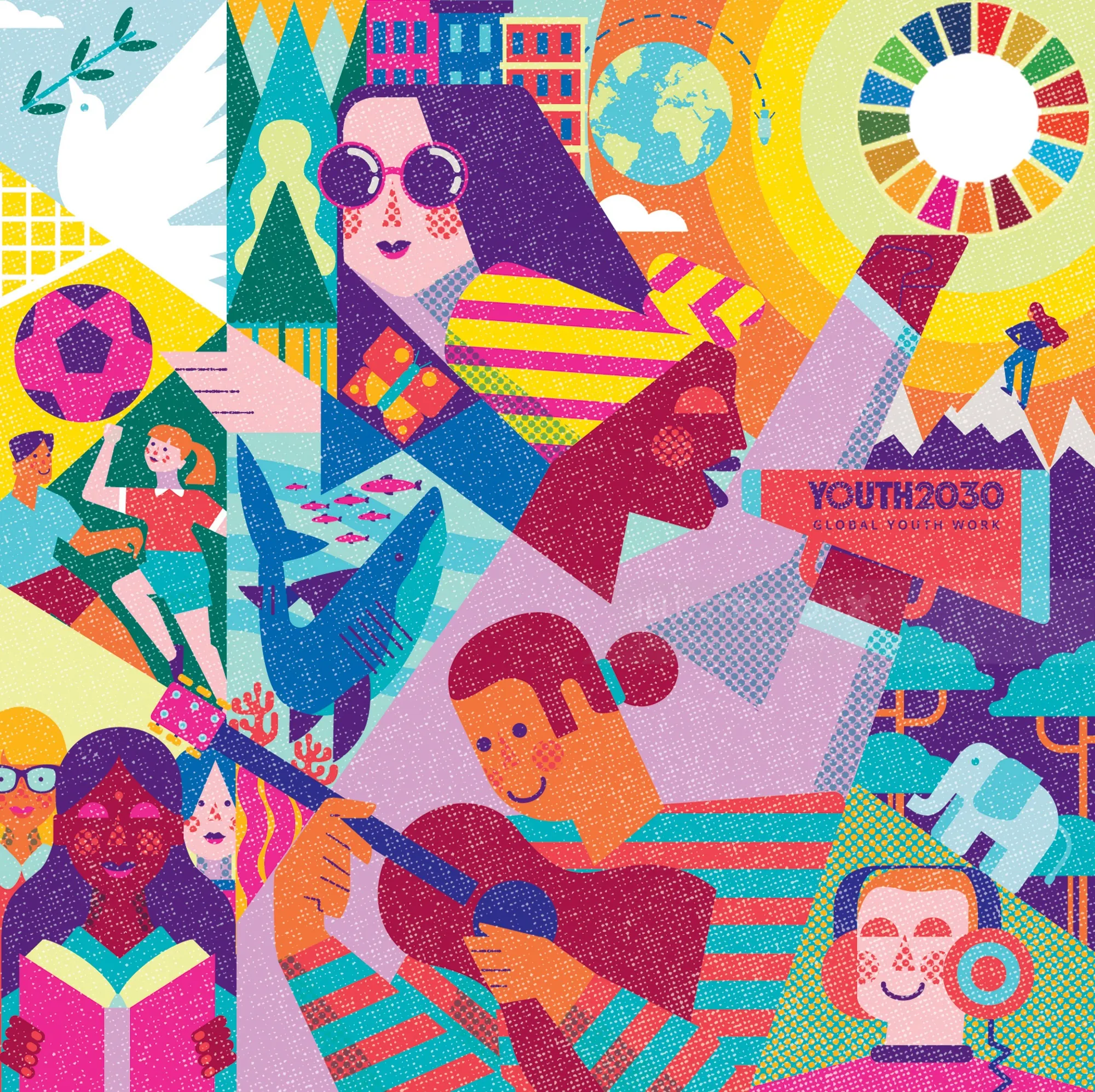 Colorful artwork depicting youth involvement and sustainable development by Donough O'Malley