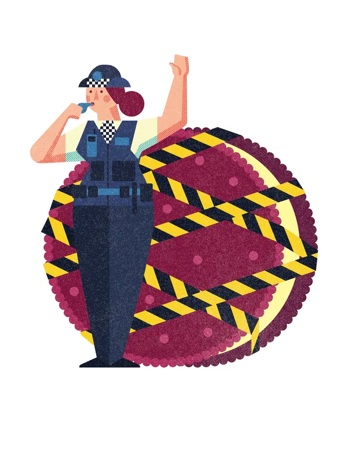 Police officer standing beside a large virus with caution tape by Donough O'Malley