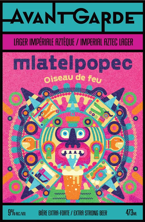 Azteken-inspirierte Maske mit geometrischen Mustern auf einem Bieretikett von Donough O'Malley