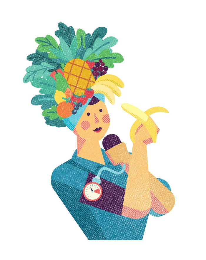Illustration of woman wearing fruit hat, holding banana, with blood pressure cuff by Donough O'Malle