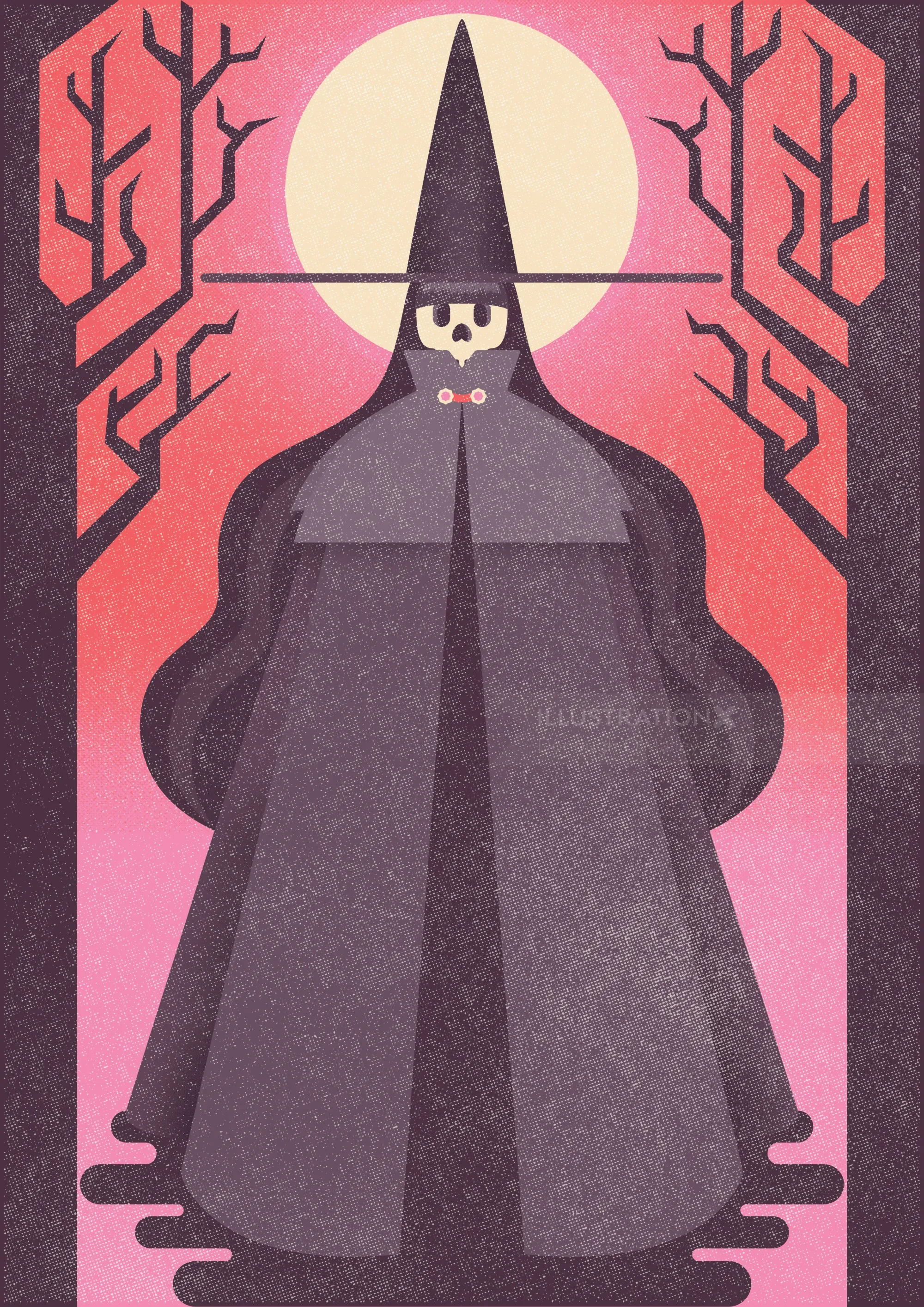 Dark cloaked figure with pointed hat in eerie forest at full moon