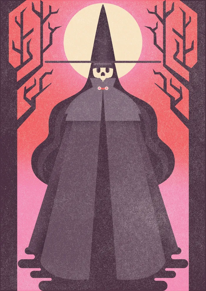 Dark cloaked figure with pointed hat in eerie forest at full moon