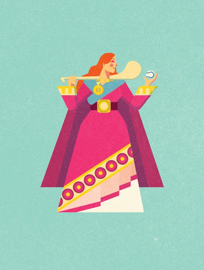 Illustration of a woman in traditional Irish dress holding a ball