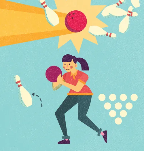 Illustration eines Mädchens, das mit Kegeln und einem roten Ball Bowling spielt