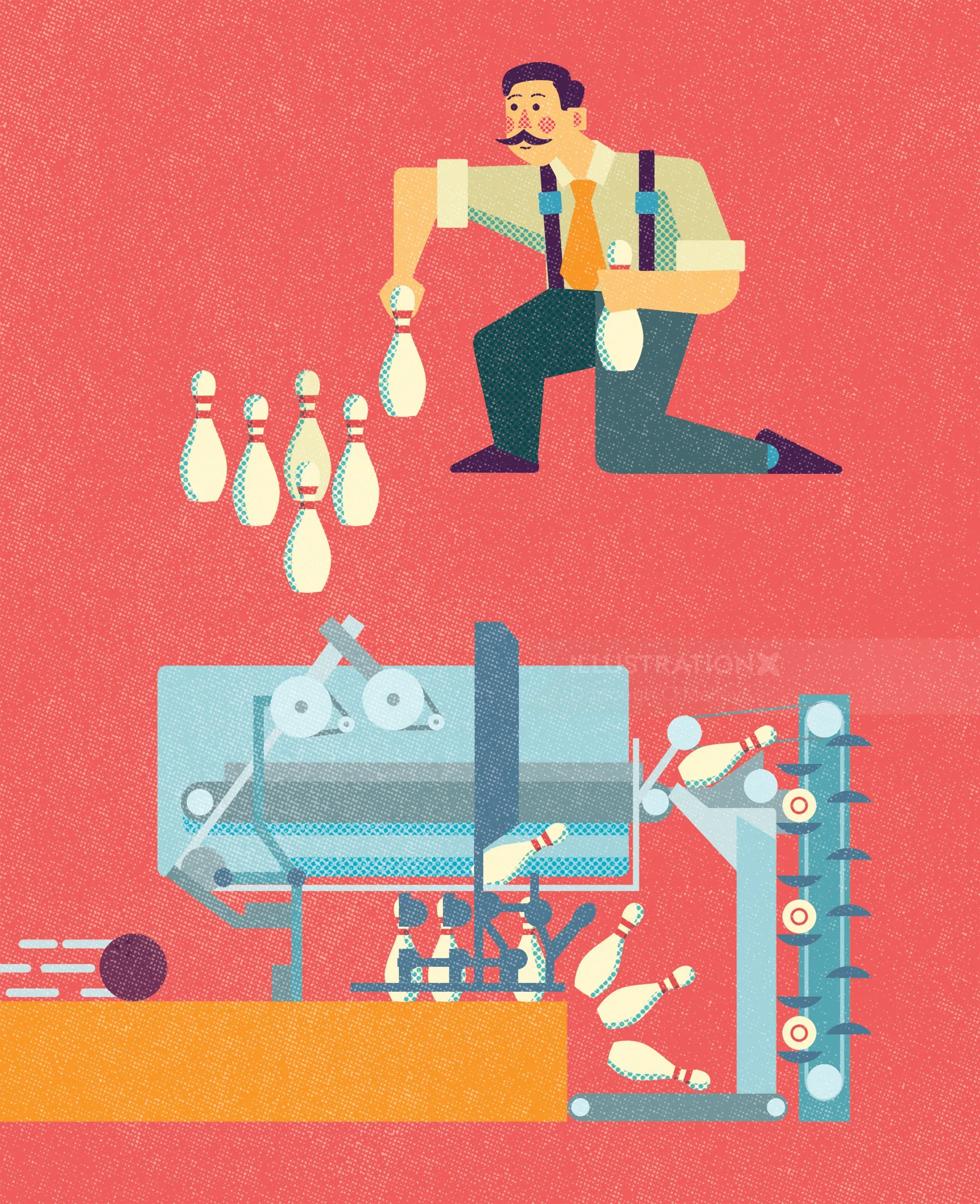 Illustration eines Mannes, der mit einer Maschine Bowlingkegel aufstellt.
