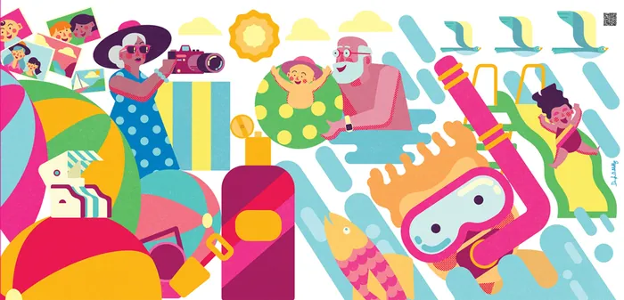 Colorful summer beach scene with people and water activities