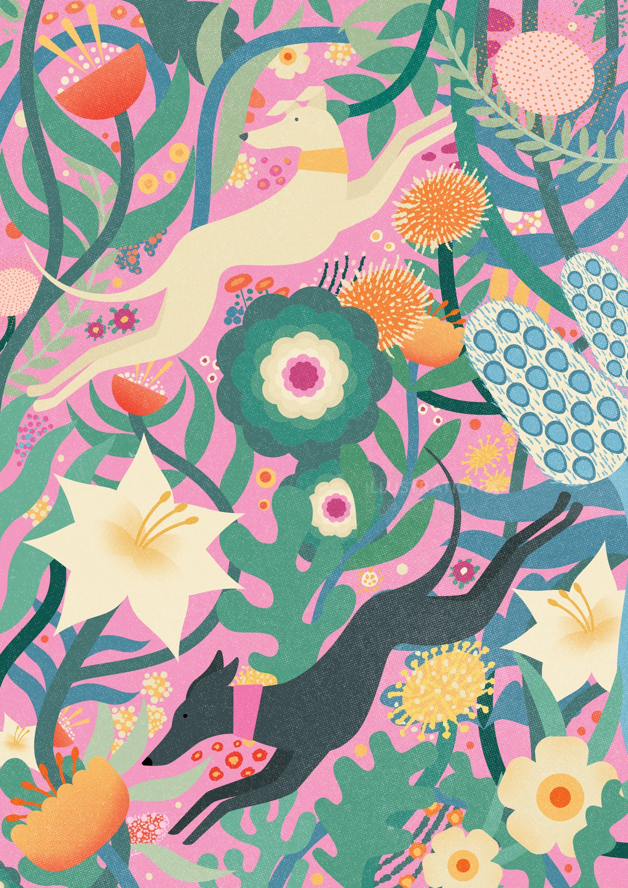 Two playful dogs jumping among colorful flowers and plants