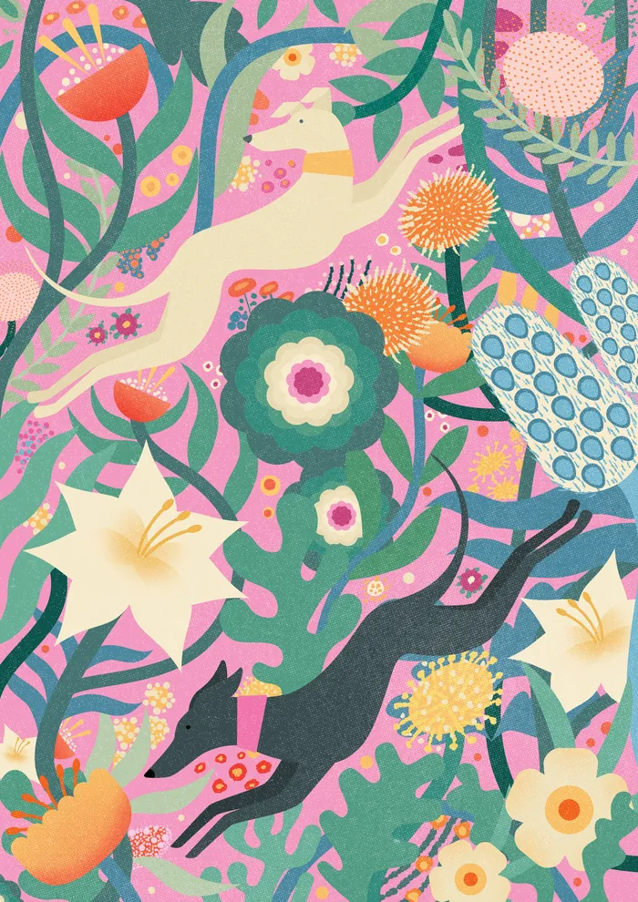 Two playful dogs jumping among colorful flowers and plants