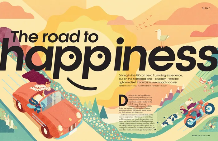 Illustration of a car and motorcycle on a scenic road with hills