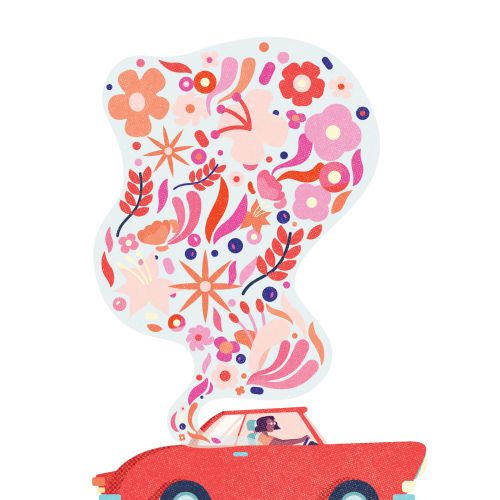 Red car emitting colorful floral and abstract scent smoke