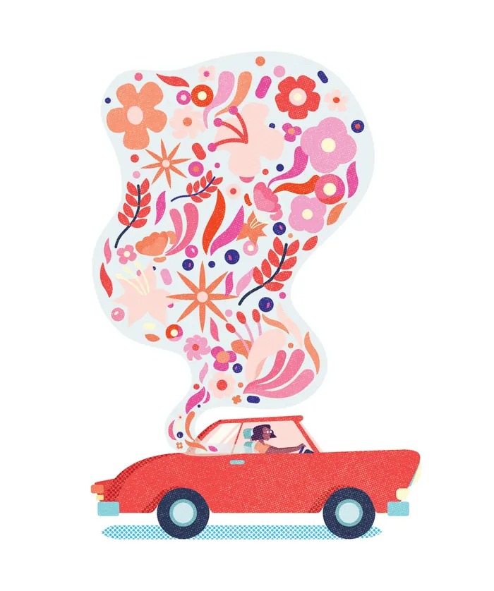 Red car emitting colorful floral and abstract scent smoke