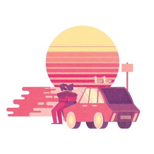 Couple hugging beside car with sunset and birds on roof
