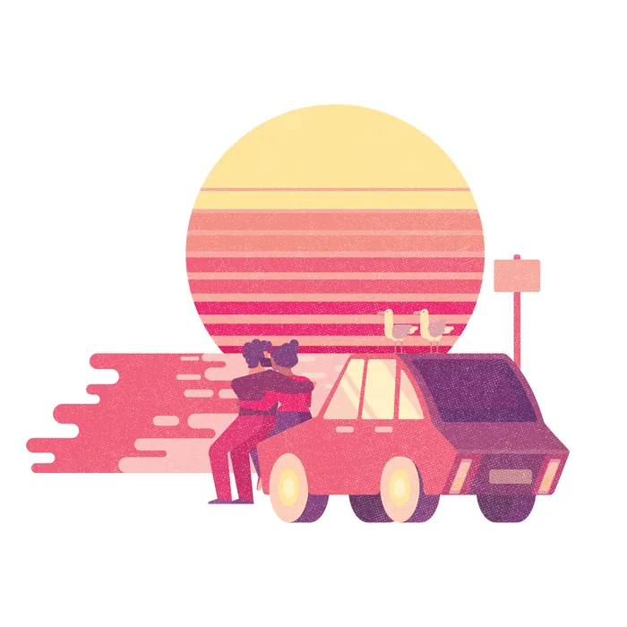 Couple hugging beside car with sunset and birds on roof