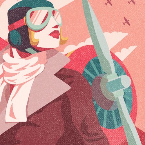 Illustration of a female aviator with goggles and propeller plane