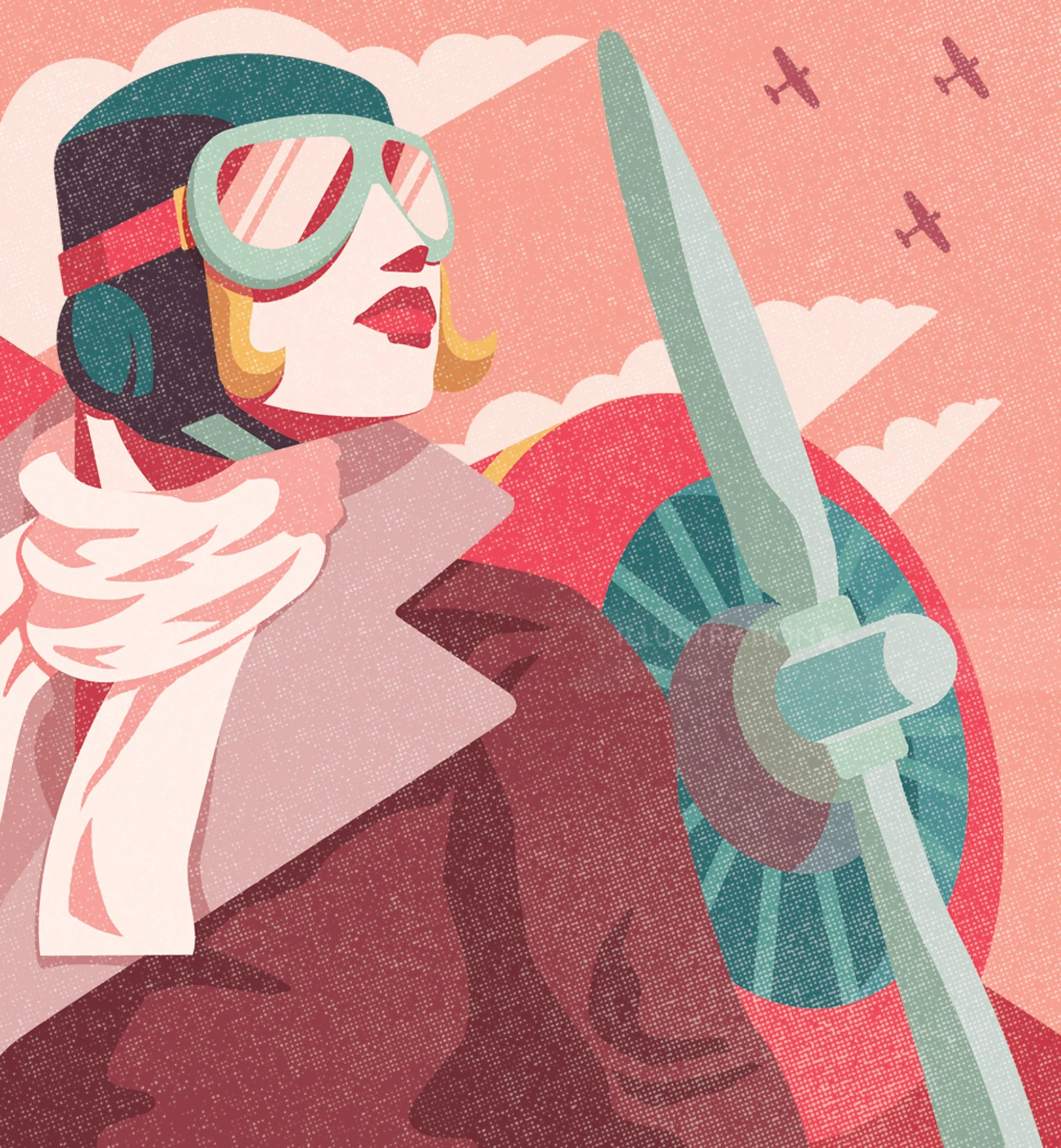 Illustration of a female aviator with goggles and propeller plane