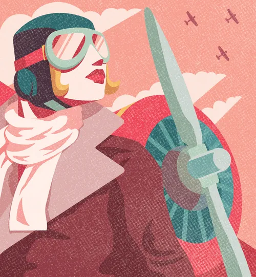 Illustration einer Pilotin mit Fliegerbrille und Propellerflugzeug