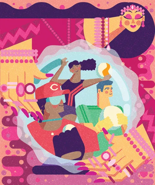 Illustration aufstrebender Sportstars aus Cincinnati mit lebendigen abstrakten Elementen