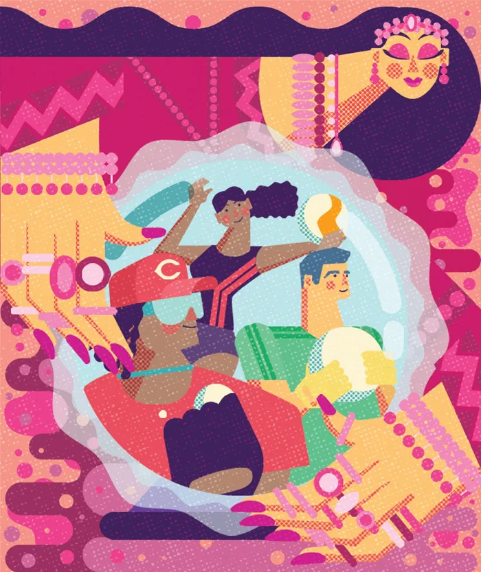 Illustration of rising Cincinnati sports stars with vibrant abstract elements