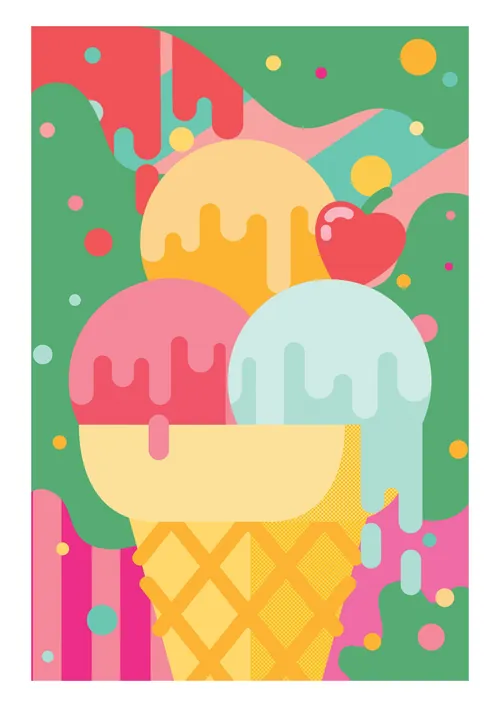 Bunte Eistüte mit drei Kugeln Eis und einem Apfel als Topping, von Donough O'Malley