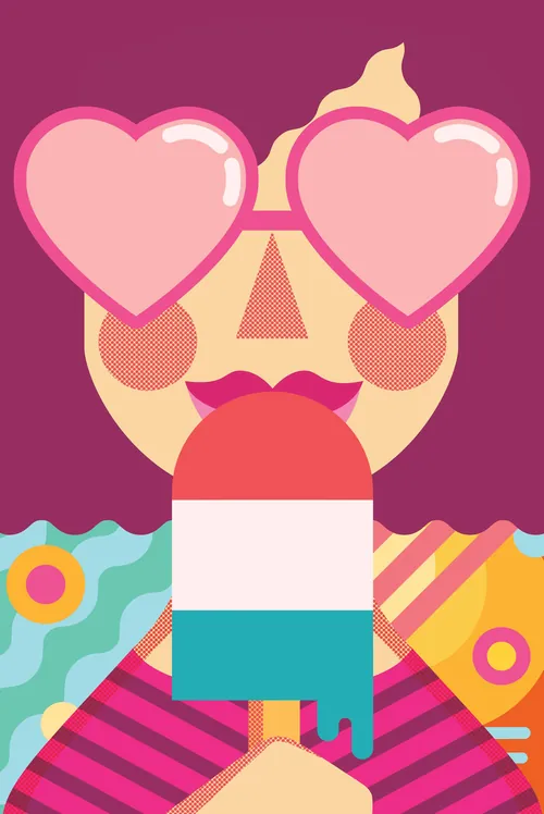 Colourful illustration of a girl wearing heart sunglasses eating ice lolly by Donough O'Malley