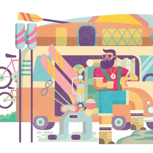 Donough O'Malley illustration of a colorful camper van with bicycles and surfboards