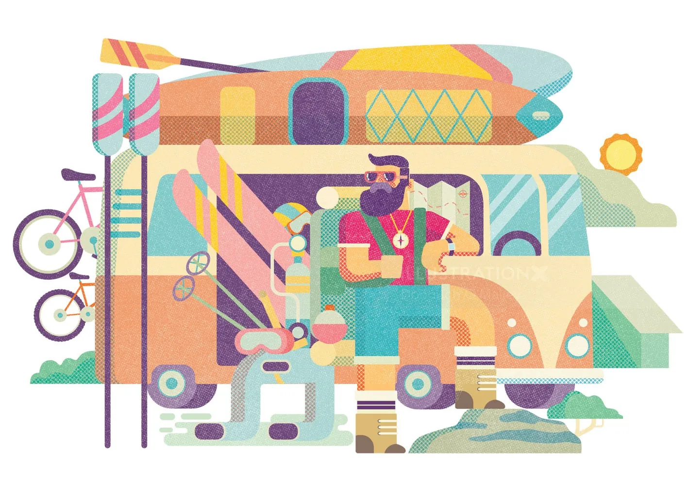 Donough O'Malley illustration of a colorful camper van with bicycles and surfboards