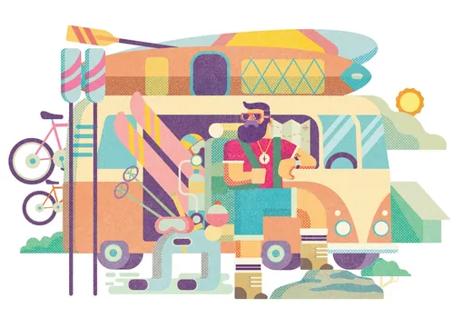 Donough O'Malley ilustração de uma caravana colorida com bicicletas e pranchas de surf