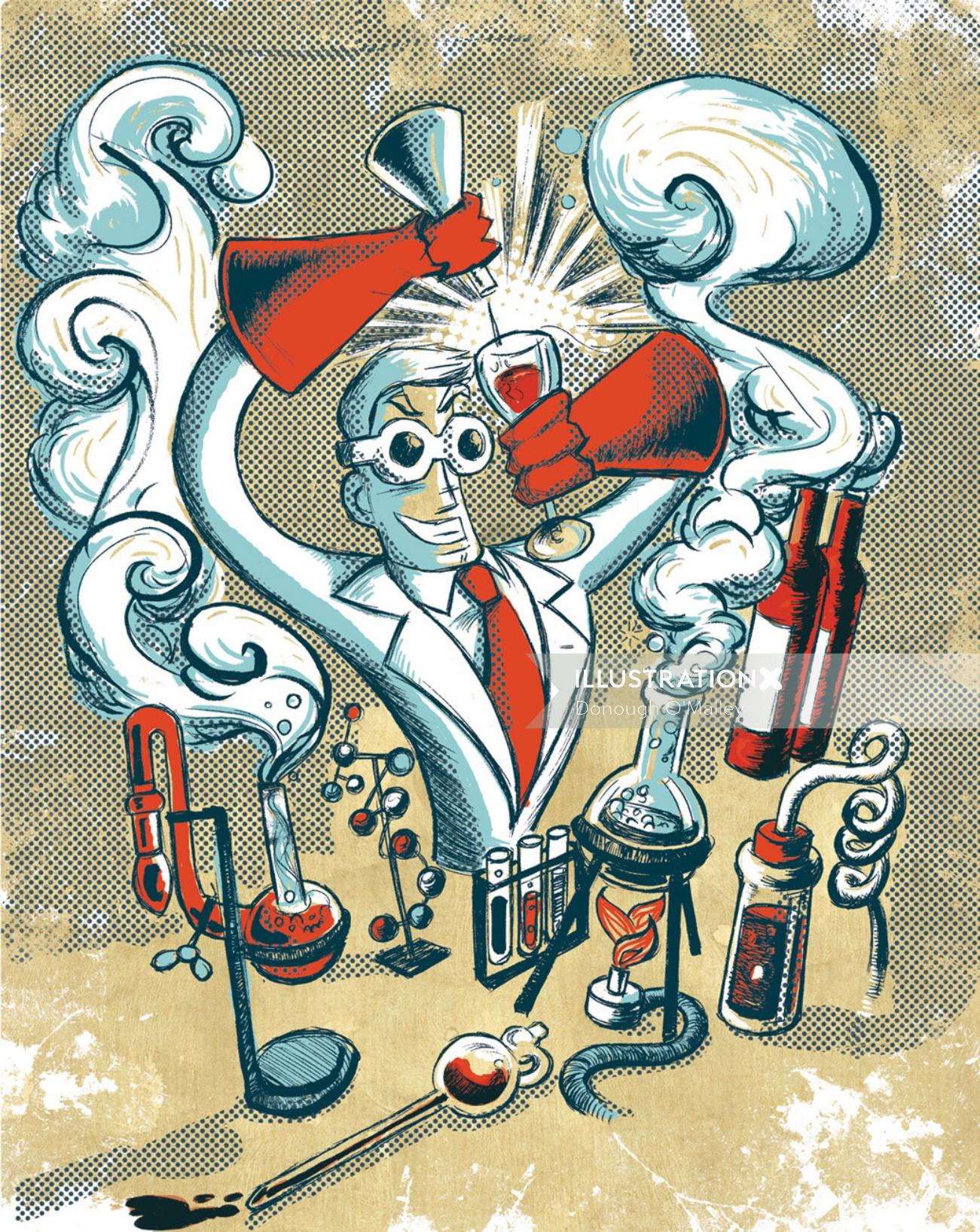 cartoon scientist doing chemistry experiment on laboratory