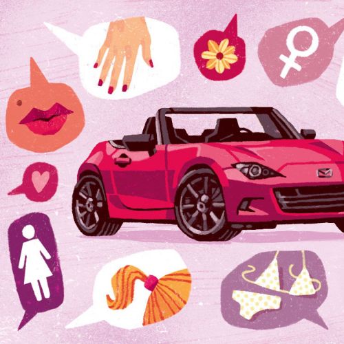 Illustration of Mazda Miata with feminine icons surrounding 