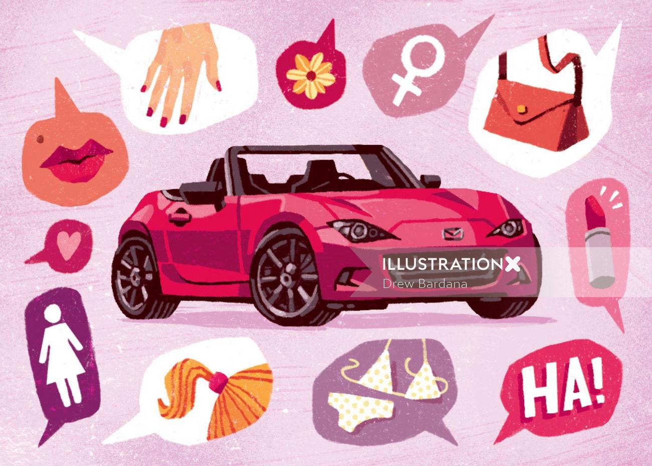 Illustration of Mazda Miata with feminine icons surrounding 