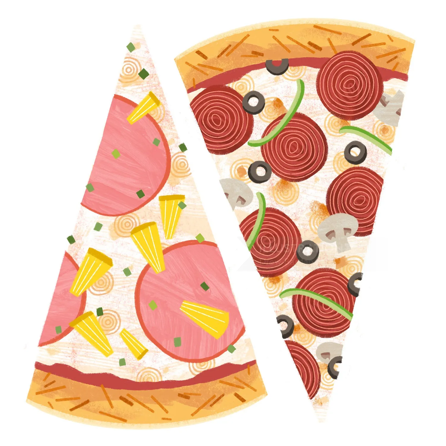 Two pizza slices, one with pineapple and ham, the other with pepperoni and mushrooms by Drew Bardana