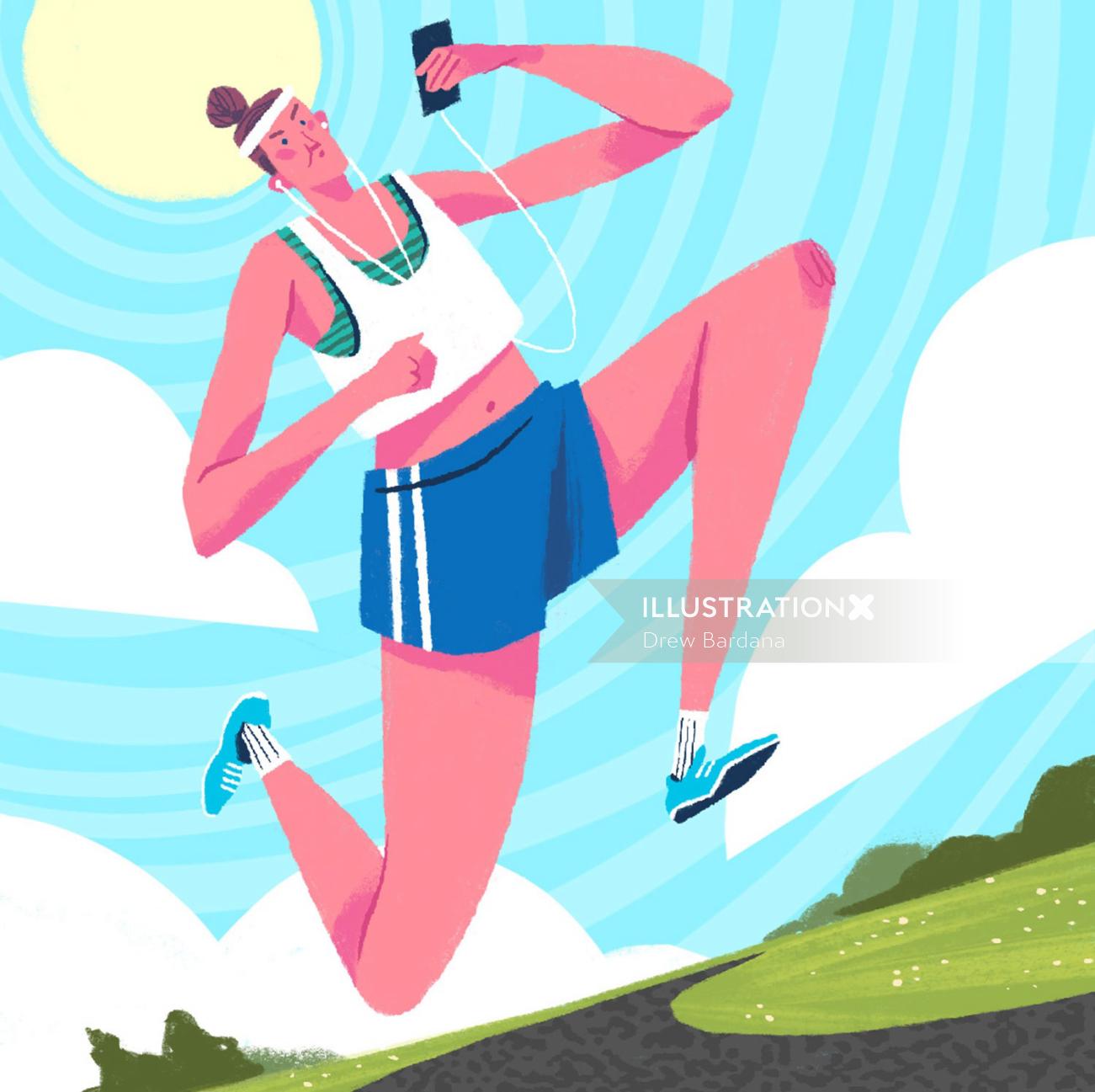 Woman looking at smartphone while running illustration
