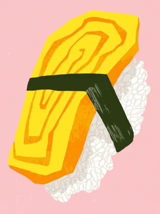 Illustration of Tamago Nigiri with pink background.