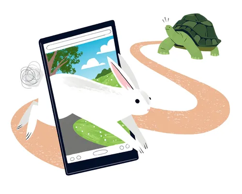 Rabbit leaps from phone screen with turtle following on winding path