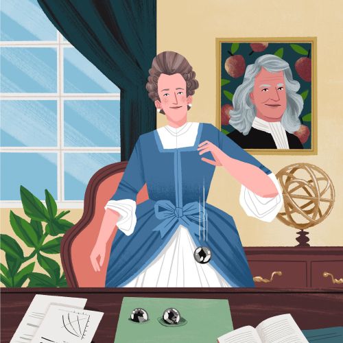 Illustration of Emilie du Chatelet at desk, holding pendulum, with portrait and instruments