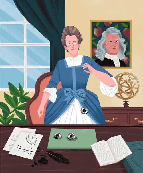 Illustration von Emilie du Châtelet am Schreibtisch, mit Pendel, Porträt und Instrumenten