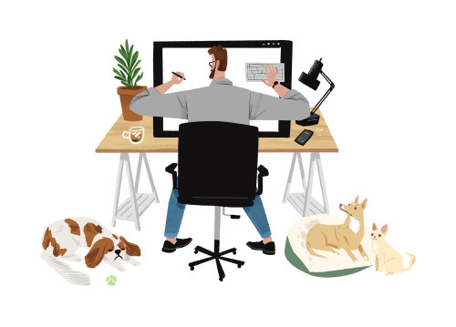 Graphic of man sitting with animals
