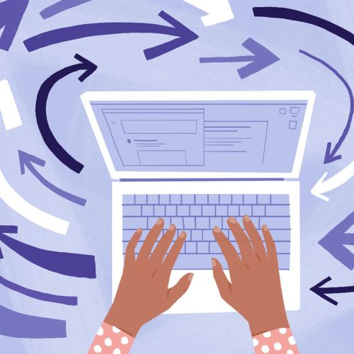 Hands typing on laptop with arrows showing endless email cycle by Drew Bardana