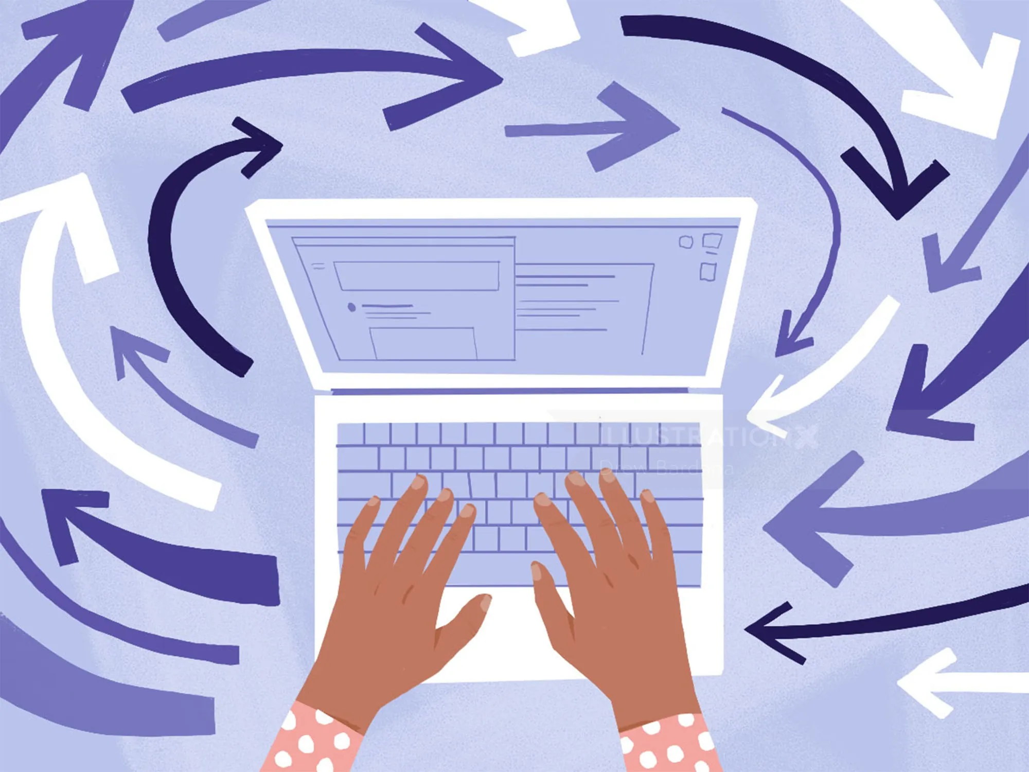 Hands typing on laptop with arrows showing endless email cycle by Drew Bardana