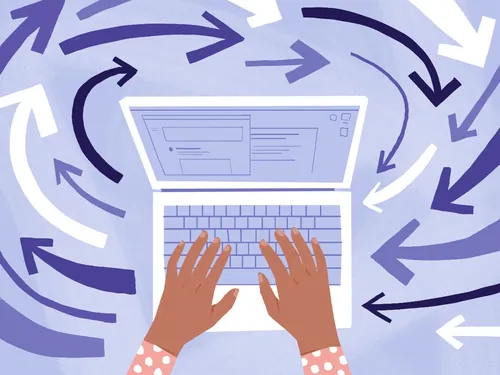 Hands typing on laptop with arrows showing endless email cycle by Drew Bardana