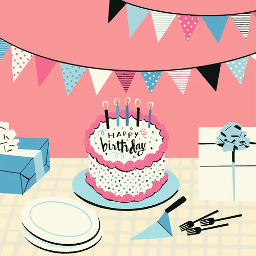 Birthday cake with candles and gifts on table by Drew Bardana
