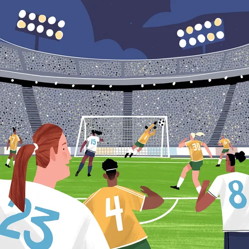 Menschen, die Fußball spielen und ein Tor schießen